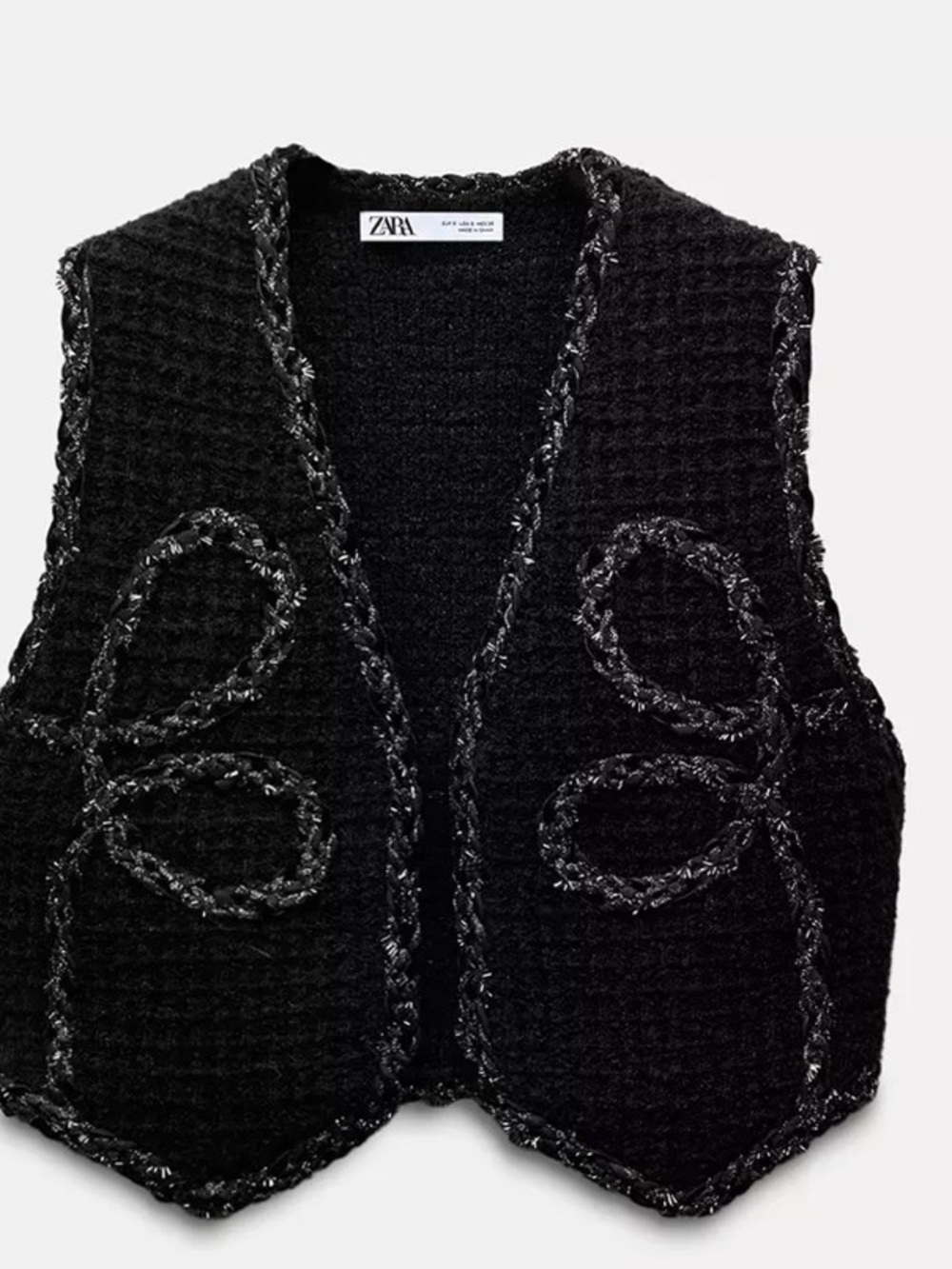 Zara Black Bouclé Vest with Braided Trim